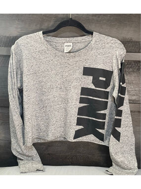 Victoria's Secret PINK Gray Heather Boyfriend Crop Long Sleeve Graphic Tee XS